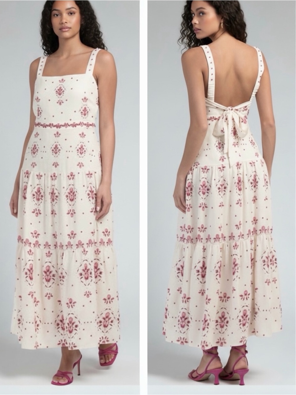 CHRISTIAN LACROIX Women’s Floral Print Beaded Linen Blend Tiered Midi Dress NEW